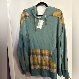 POL size L (can fit up to 2X), Green and Yellow Plaid Patchwork Hoodie Sweater